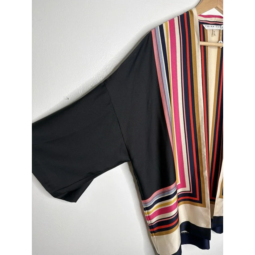 Trina Turk Open Kimono Multi Stripe Geometric Signature Print Satin Jacket S